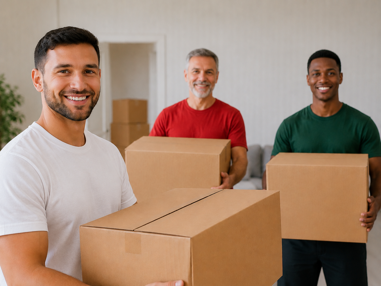 Trois déménageurs souriants portant des cartons dans un appartement