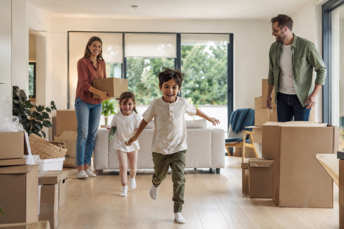 Enfants courant joyeusement dans leur nouveau salon entouré de cartons, parents en arrière-plan portant les derniers cartons