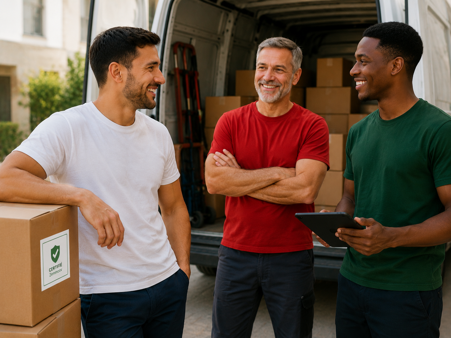 Trois déménageurs Zenmoov souriants devant leur camion, carton portant le badge CERTIFIÉ Zenmoov